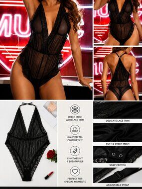 Black Sheer Lace Mesh Bodysuit Women's Deep V Teddy Lingerie One Piece